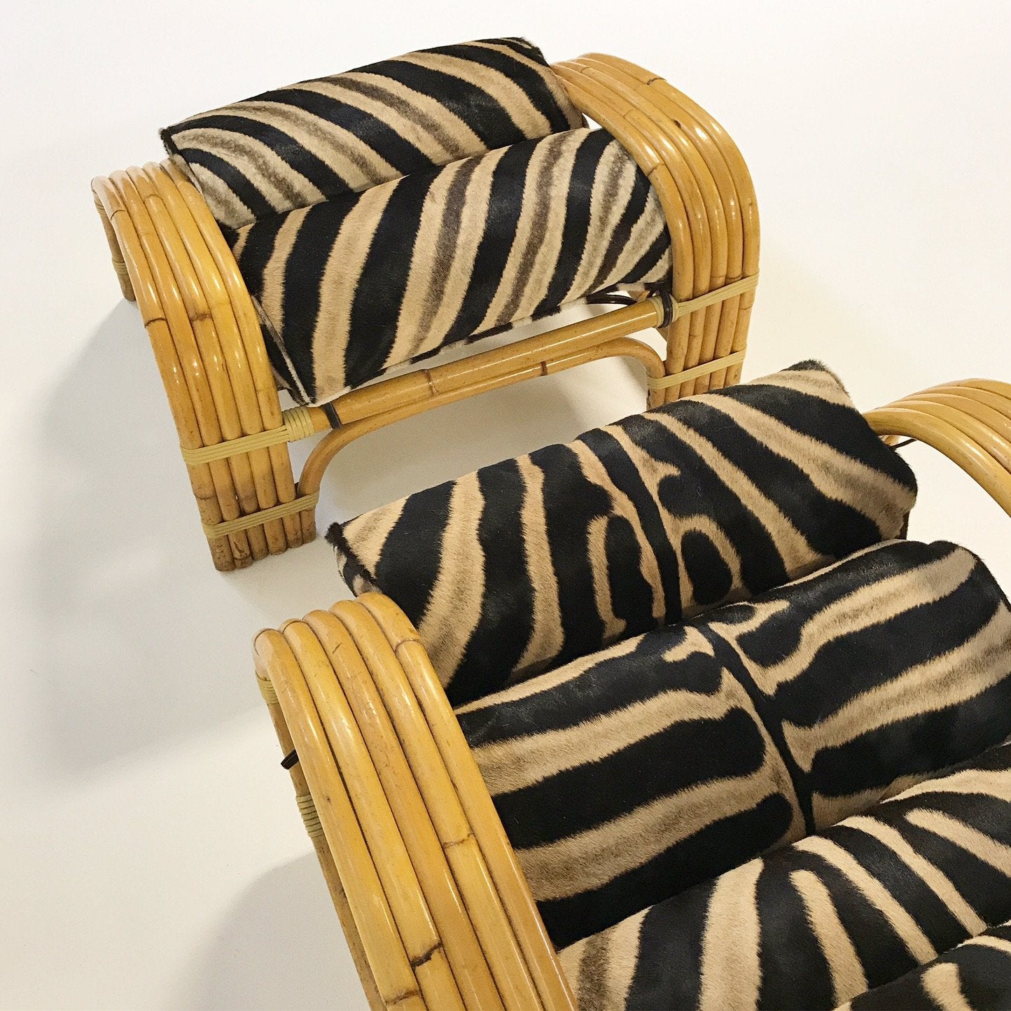 Five-Strand Rattan Lounge Chair & Ottoman with Zebra Hide Cushions
