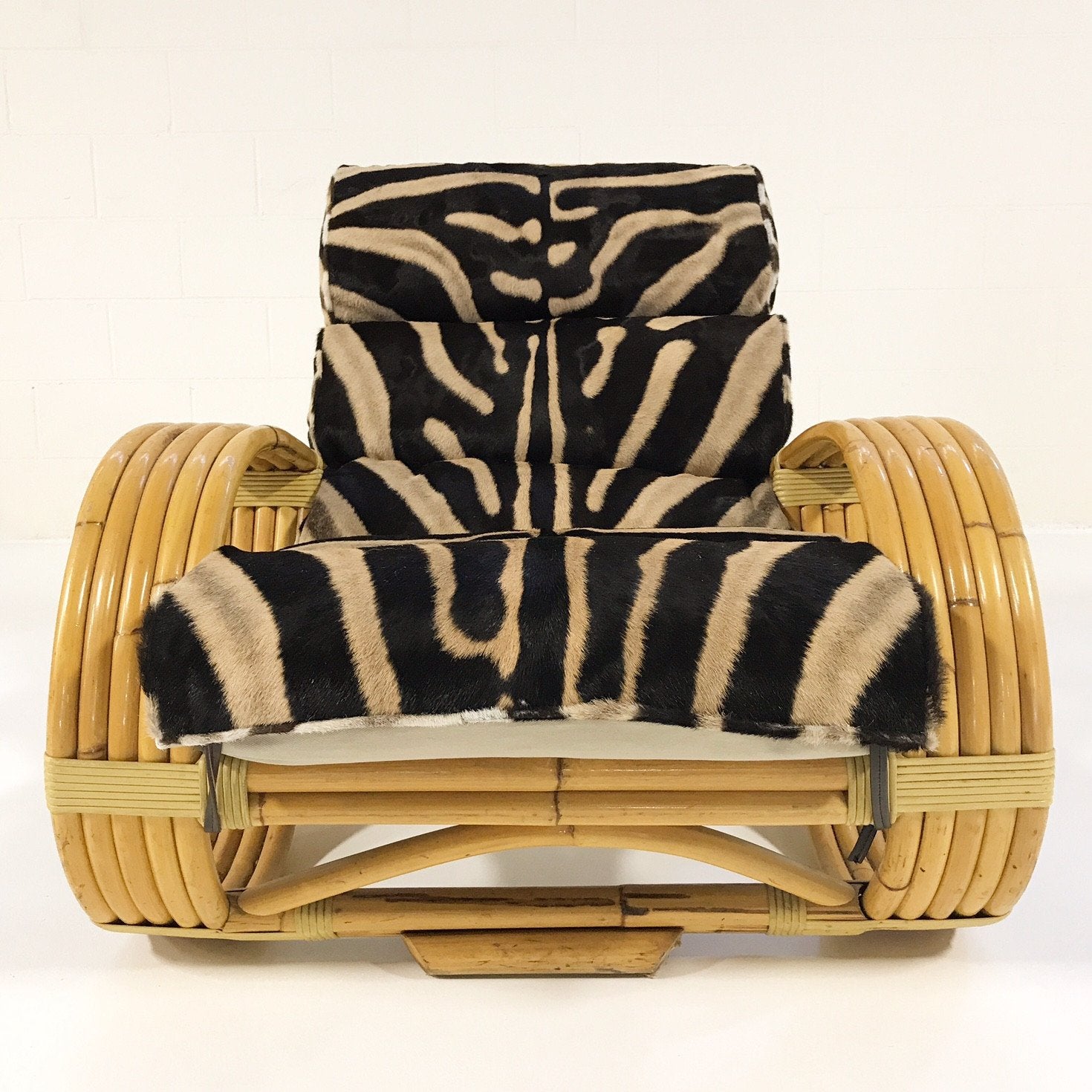 Five-Strand Rattan Lounge Chair & Ottoman with Zebra Hide Cushions