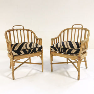 Pair of Rattan Armchairs with Zebra Hide Cushions