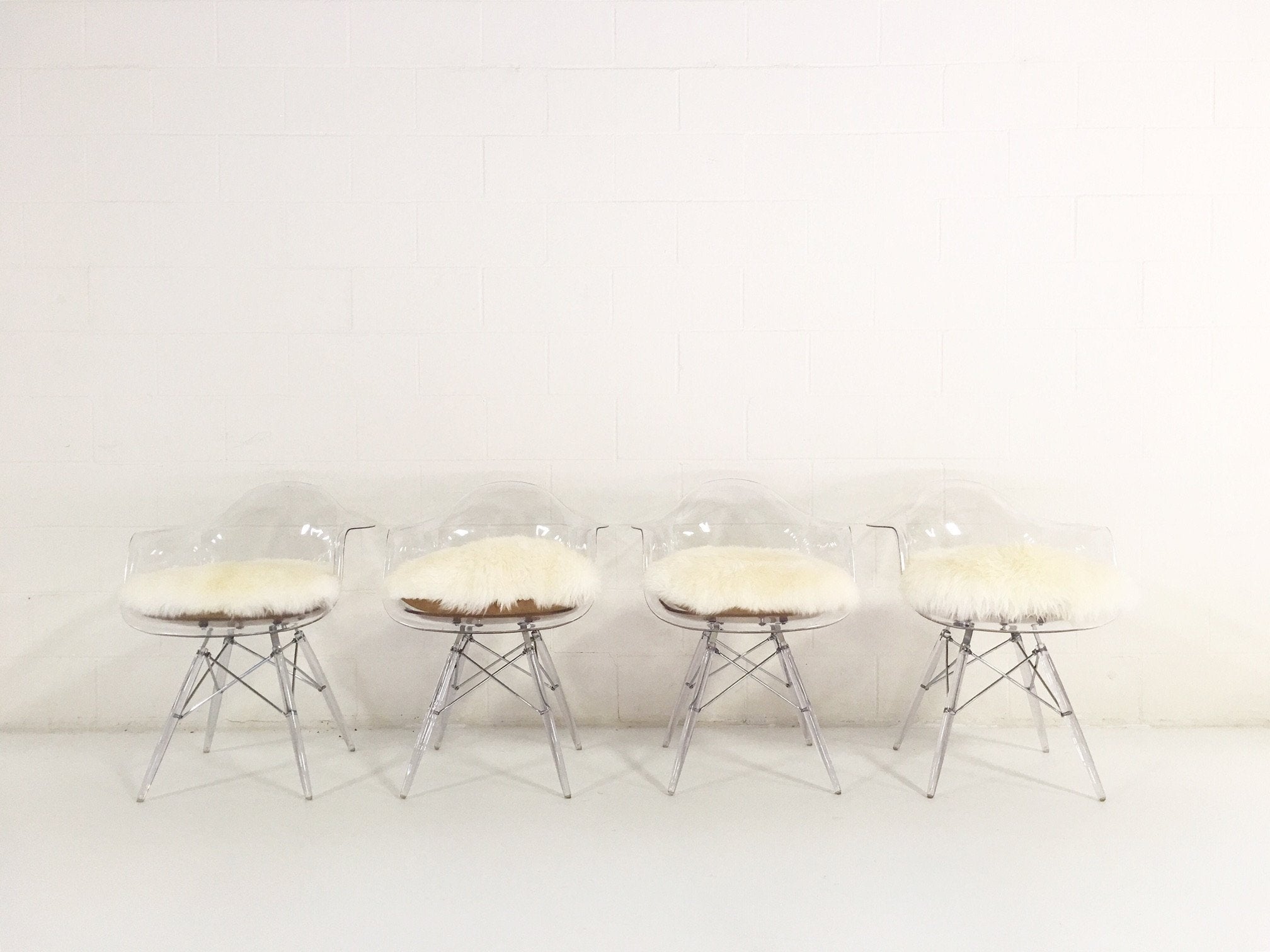 Mid-Century Style Lucite Dining Chairs with Sheepskin Cushion - Set of 4