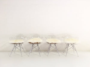 Mid-Century Style Lucite Dining Chairs with Sheepskin Cushion - Set of 4