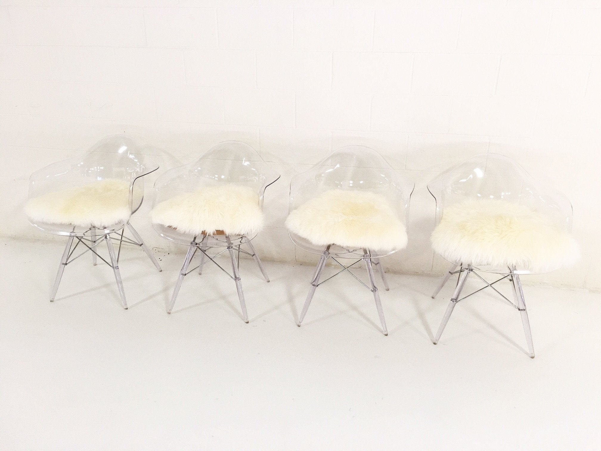 Mid-Century Style Lucite Dining Chairs with Sheepskin Cushion - Set of 4