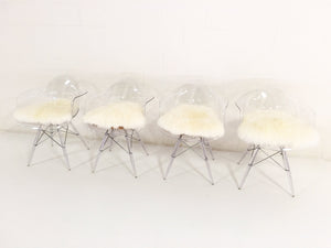 Mid-Century Style Lucite Dining Chairs with Sheepskin Cushion - Set of 4
