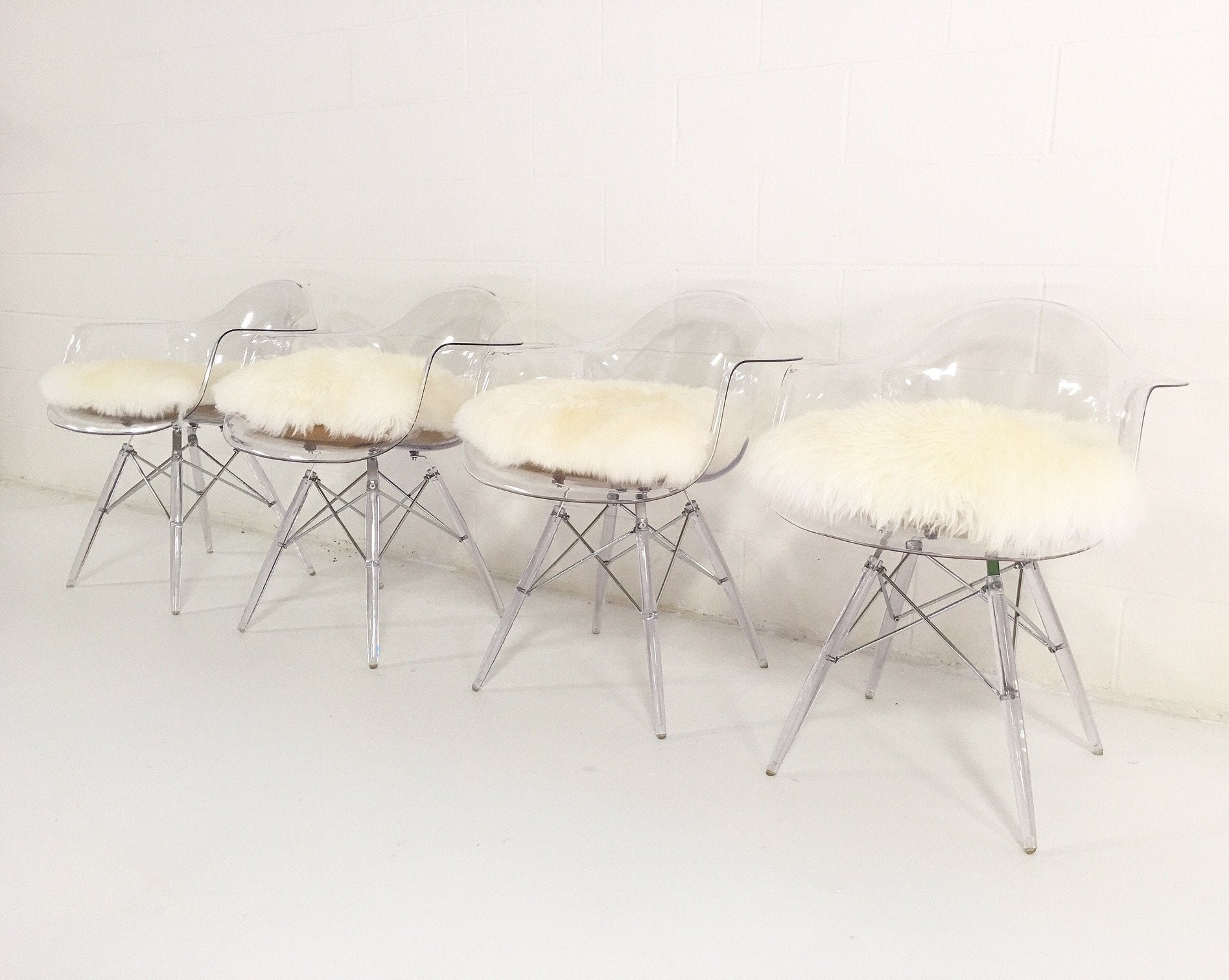 Mid-Century Style Lucite Dining Chairs with Sheepskin Cushion - Set of 4