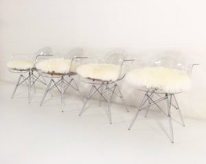 Mid-Century Style Lucite Dining Chairs with Sheepskin Cushion - Set of 4