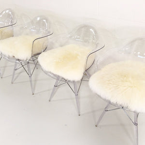 Mid-Century Style Lucite Dining Chairs with Sheepskin Cushion - Set of 4
