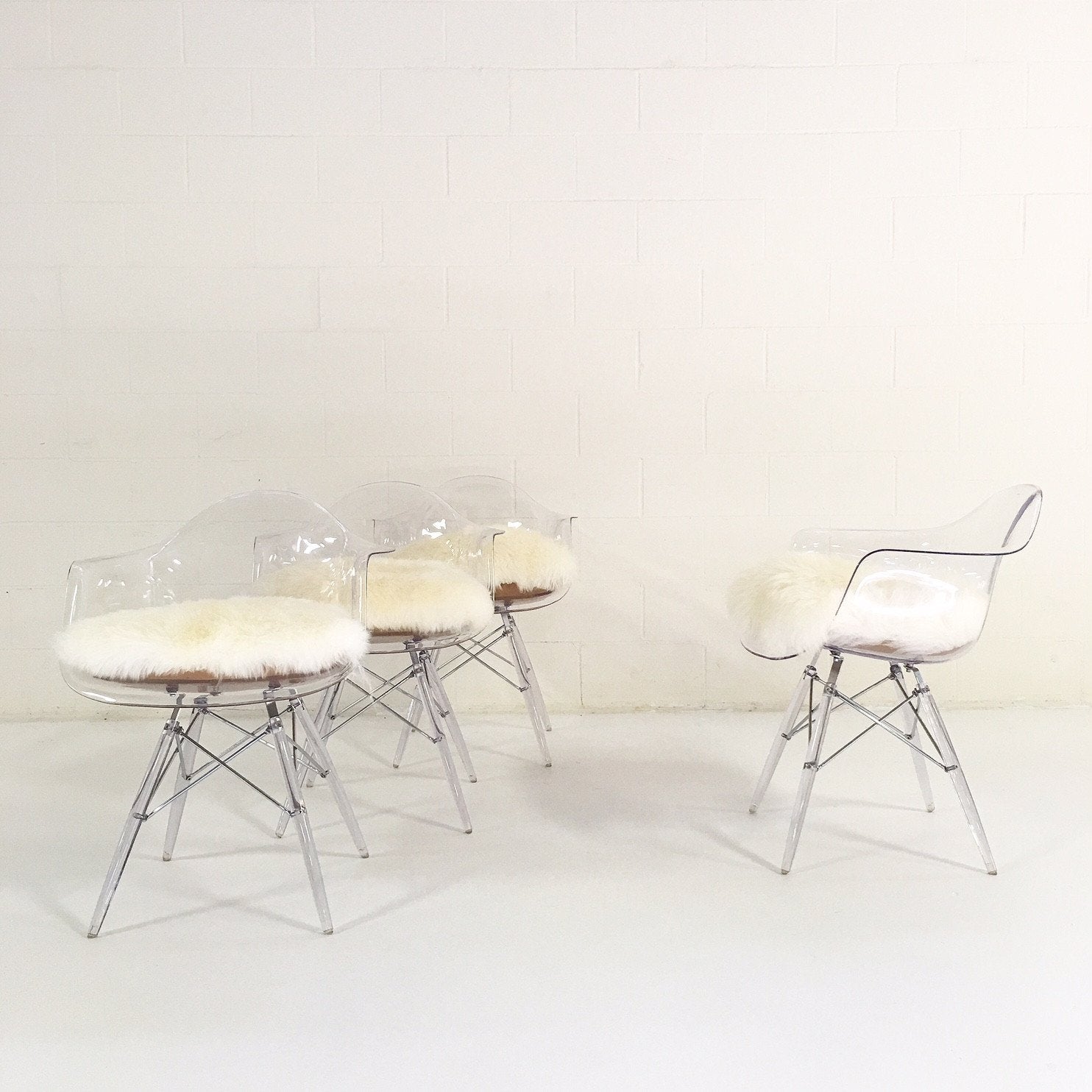 Mid-Century Style Lucite Dining Chairs with Sheepskin Cushion - Set of 4