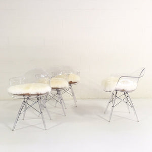 Mid-Century Style Lucite Dining Chairs with Sheepskin Cushion - Set of 4