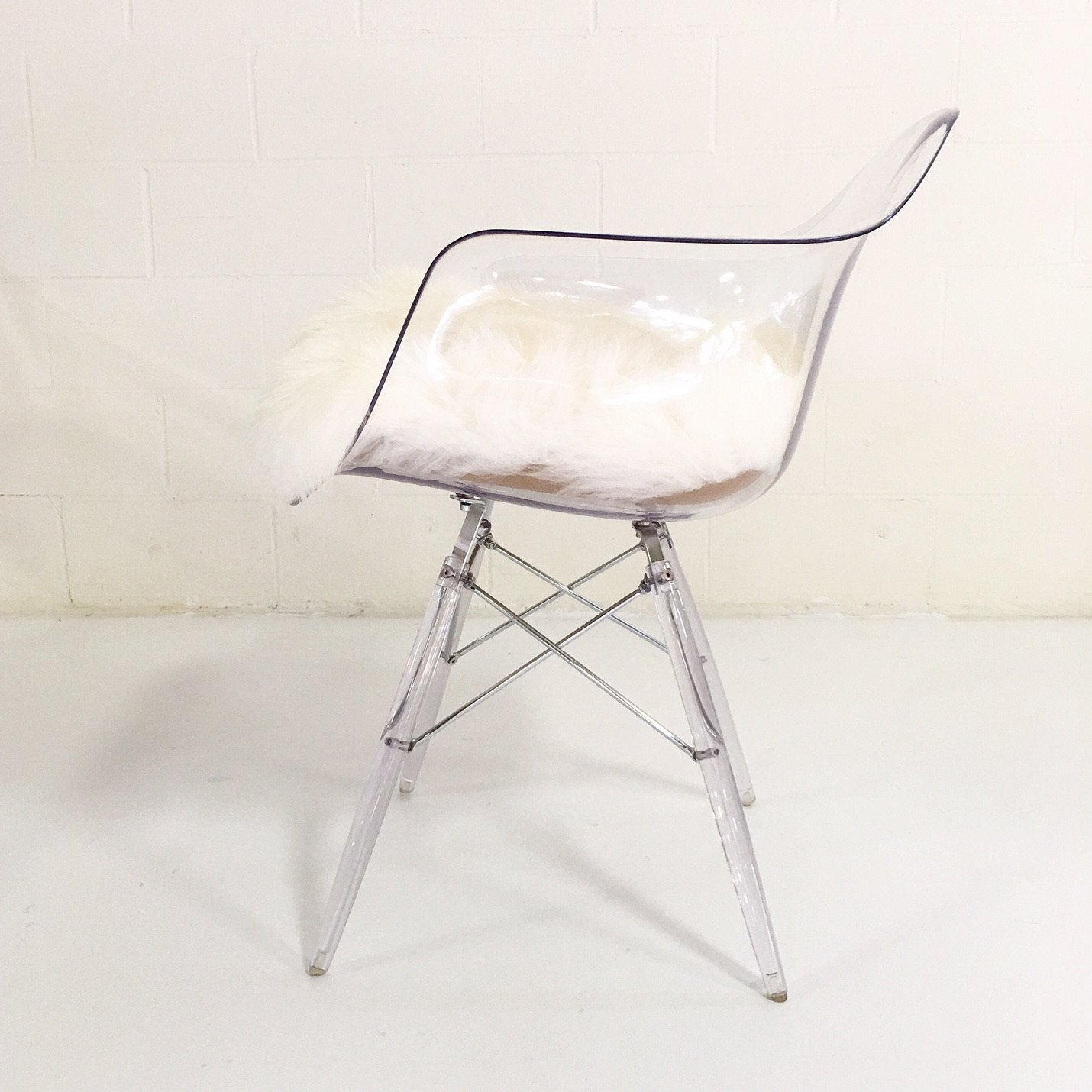 Mid-Century Style Lucite Dining Chairs with Sheepskin Cushion - Set of 4