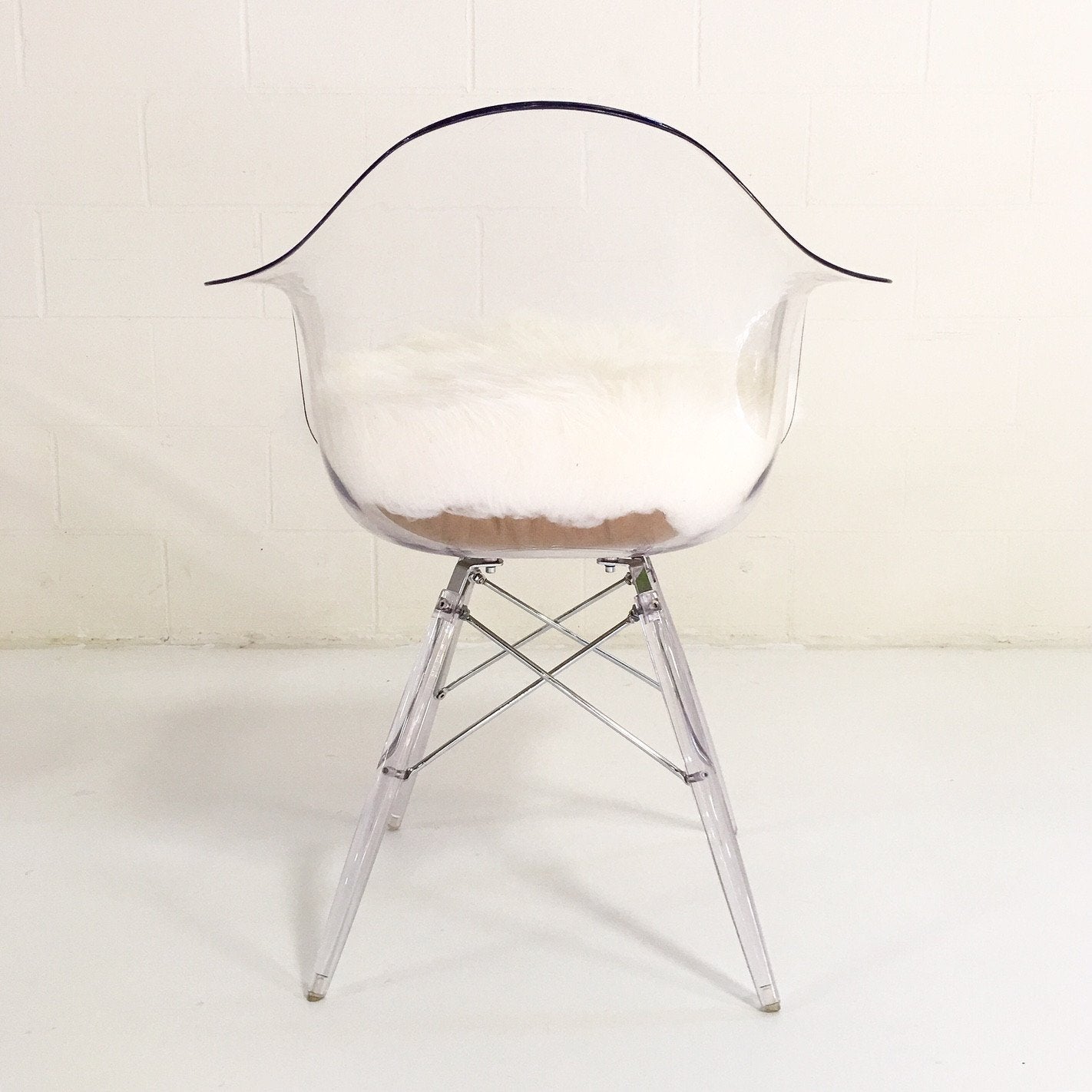 Mid-Century Style Lucite Dining Chairs with Sheepskin Cushion - Set of 4