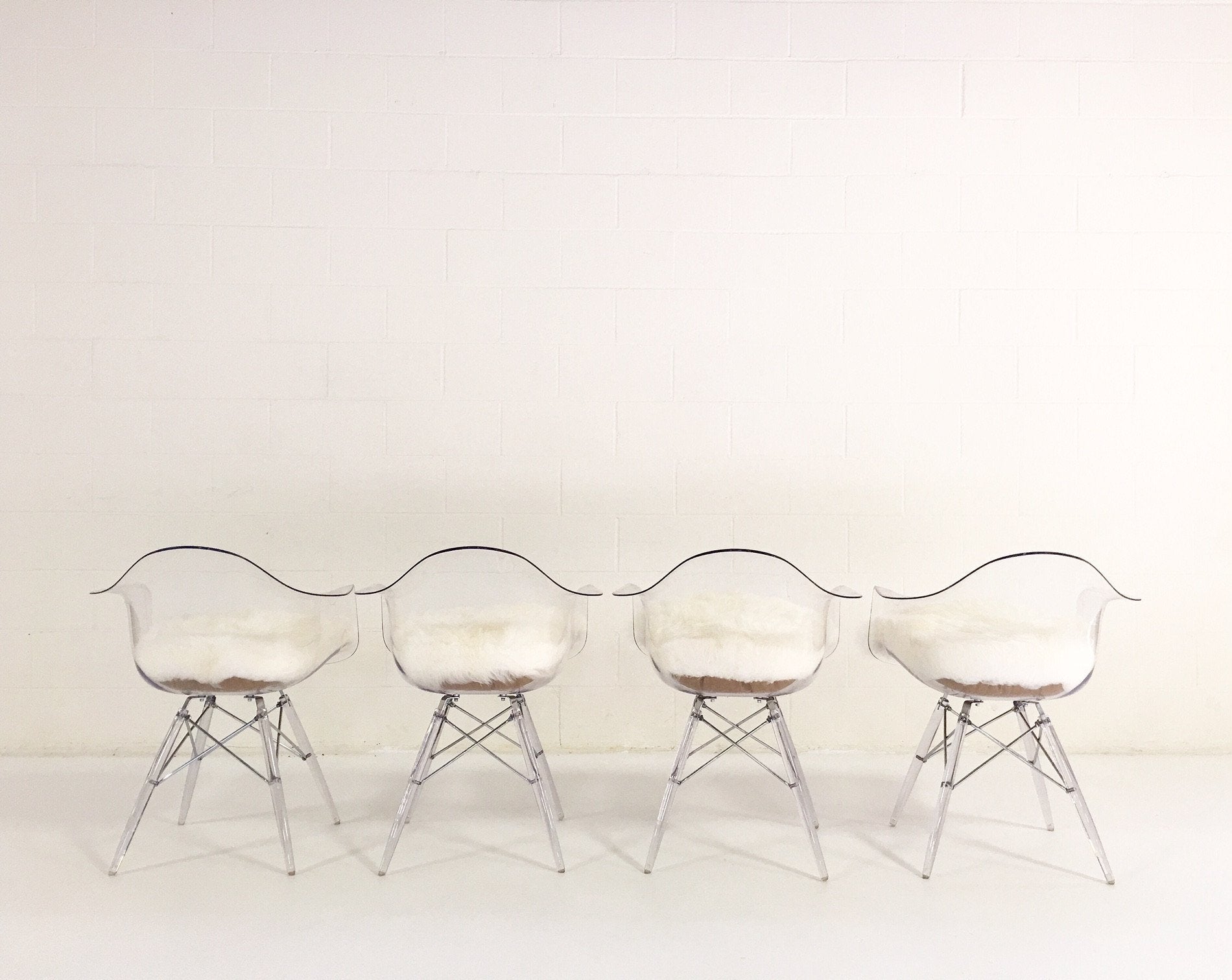 Mid-Century Style Lucite Dining Chairs with Sheepskin Cushion - Set of 4