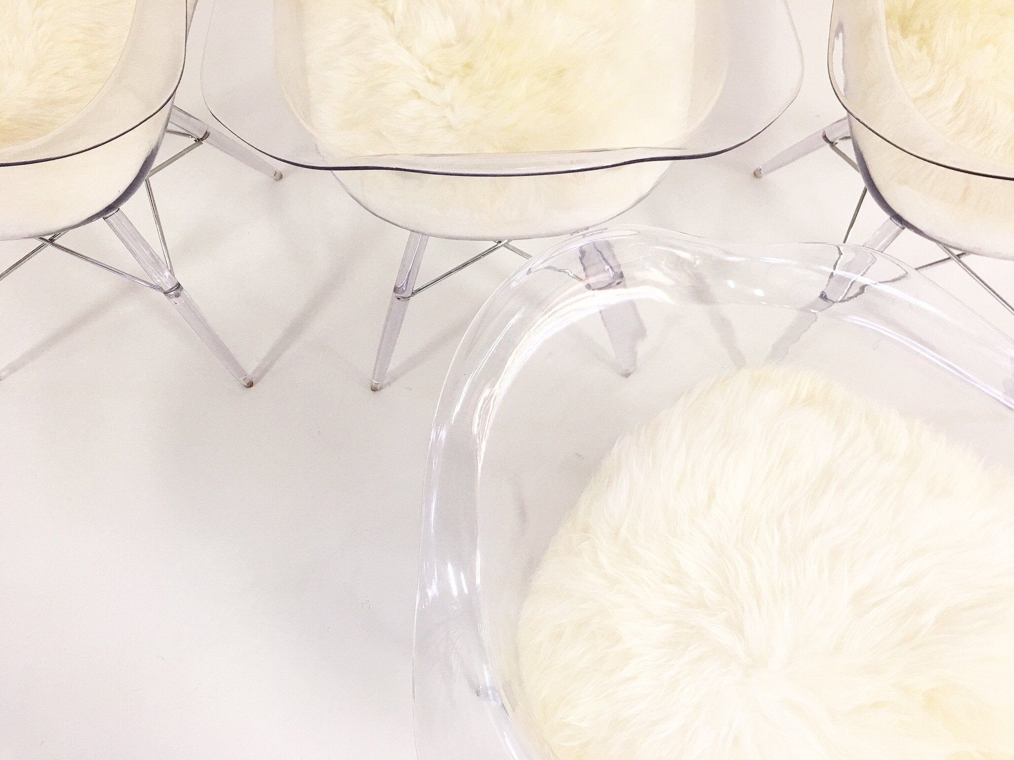 Mid-Century Style Lucite Dining Chairs with Sheepskin Cushion - Set of 4