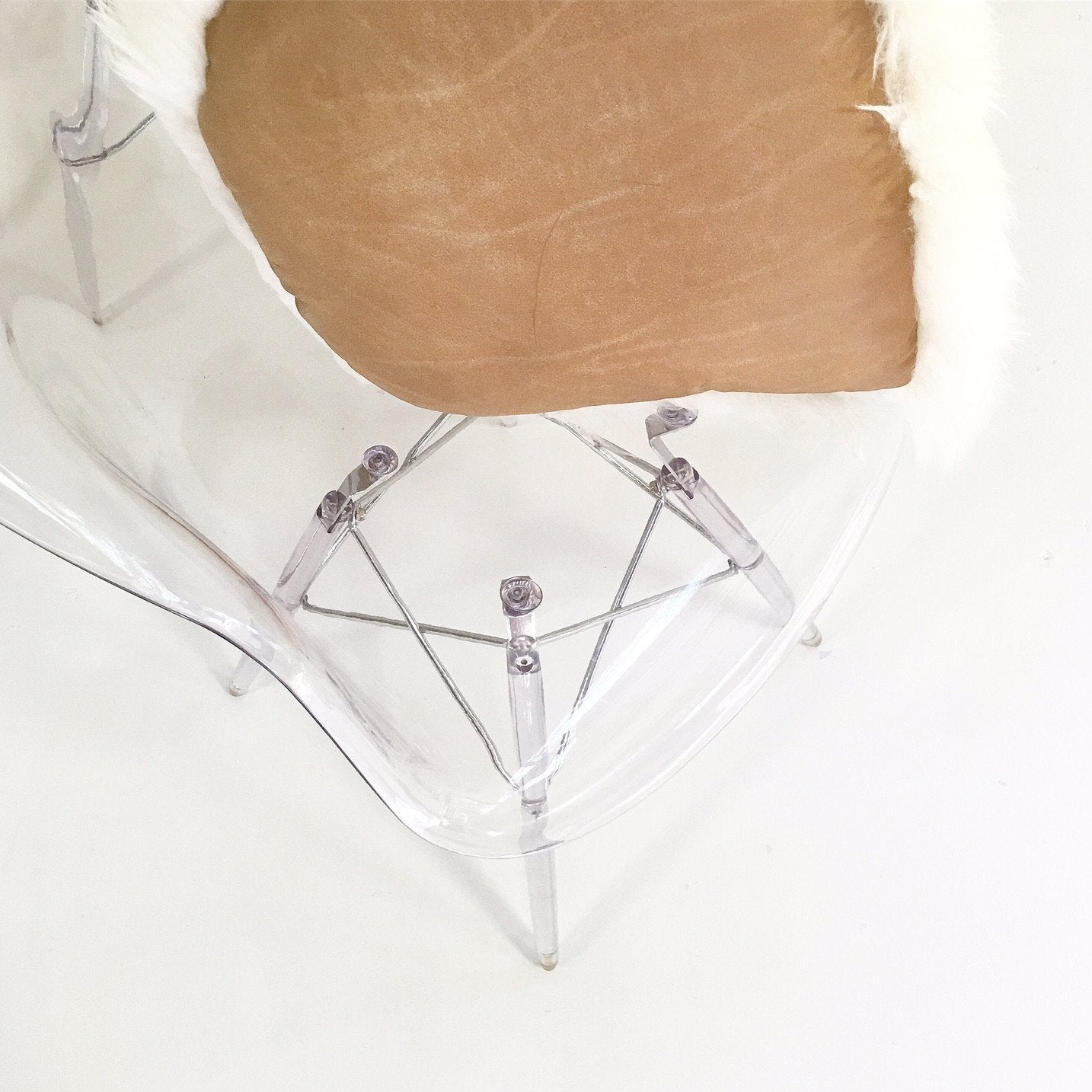 Mid-Century Style Lucite Dining Chairs with Sheepskin Cushion - Set of 4