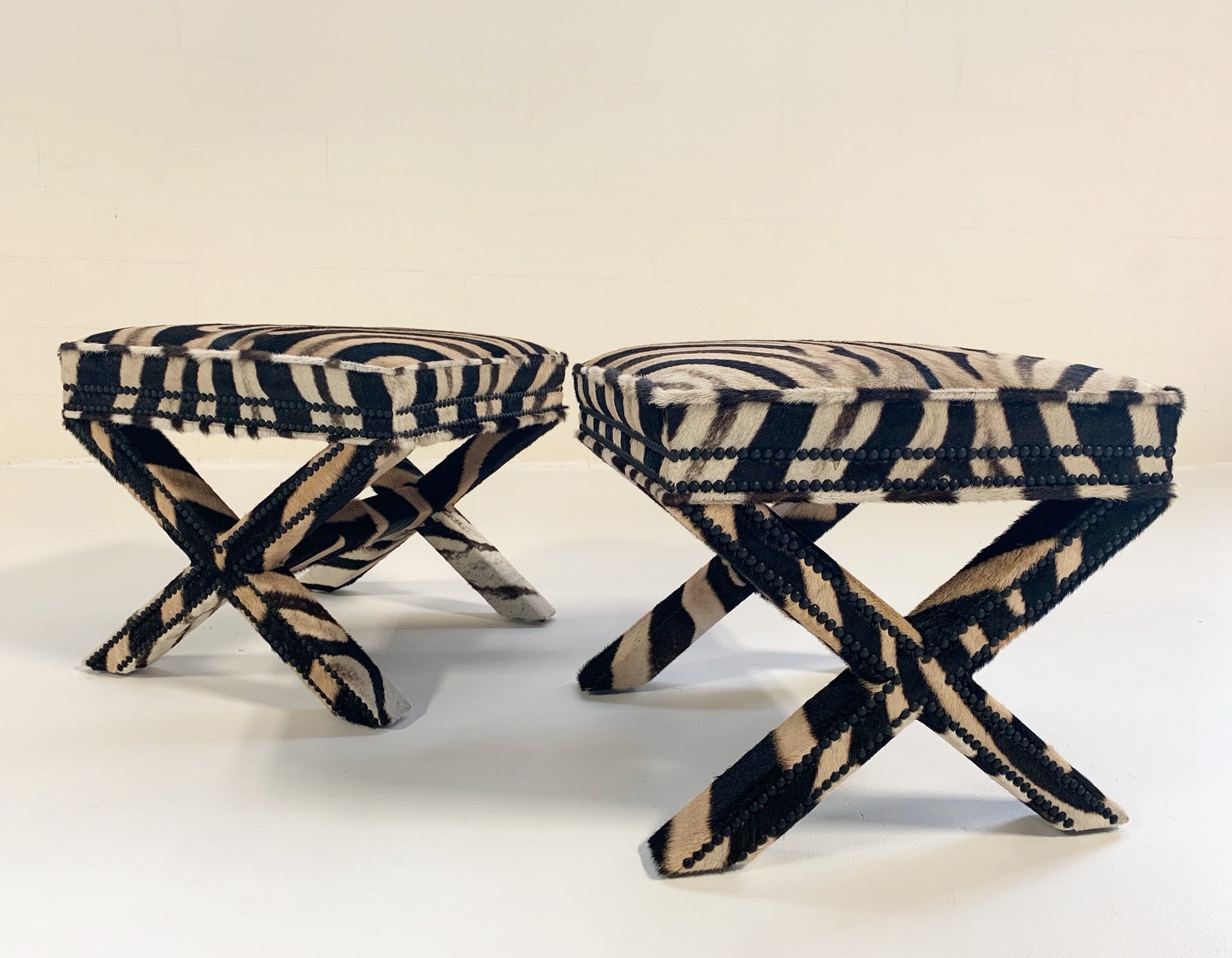 Billy Baldwin Style X Bench Ottomans in Zebra Hide