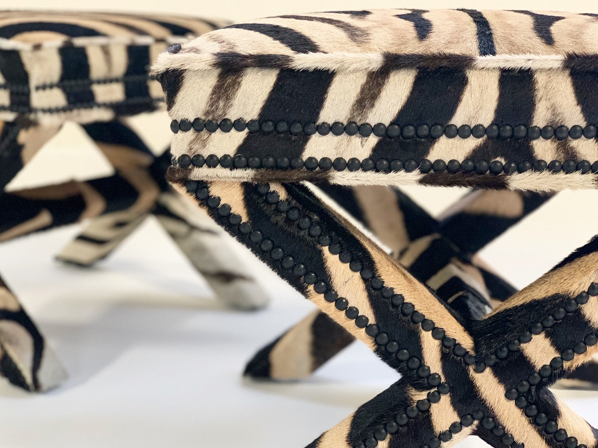 Billy Baldwin Style X Bench Ottomans in Zebra Hide