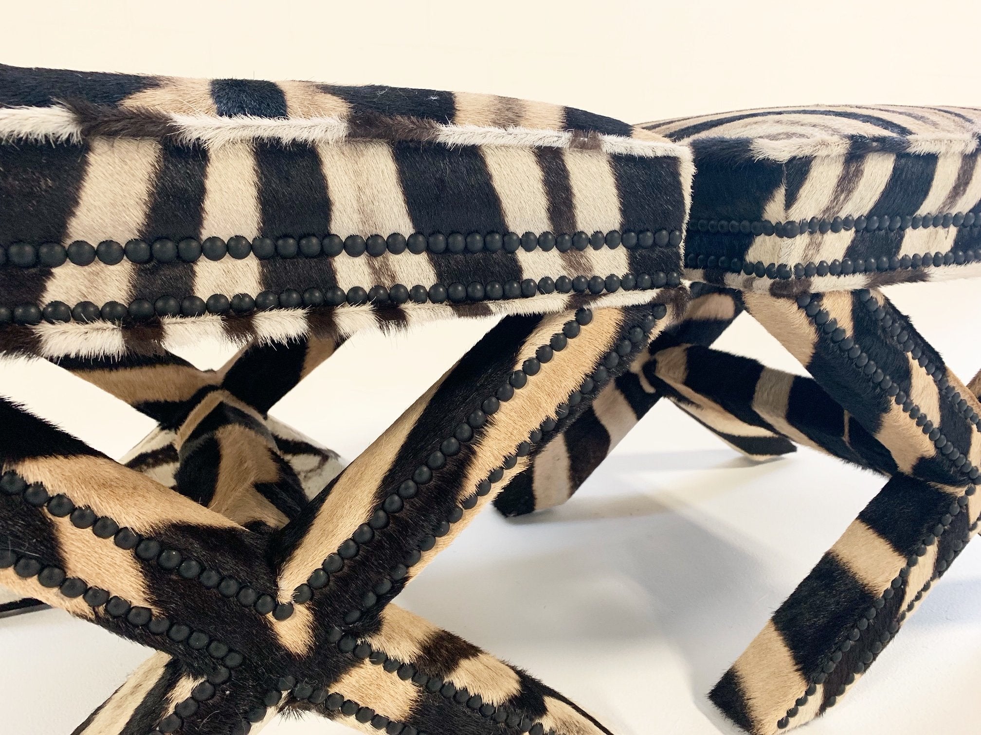 Billy Baldwin Style X Bench Ottomans in Zebra Hide