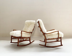 Parker Knoll Rocking Chairs with New Zealand Sheepskin Cushions