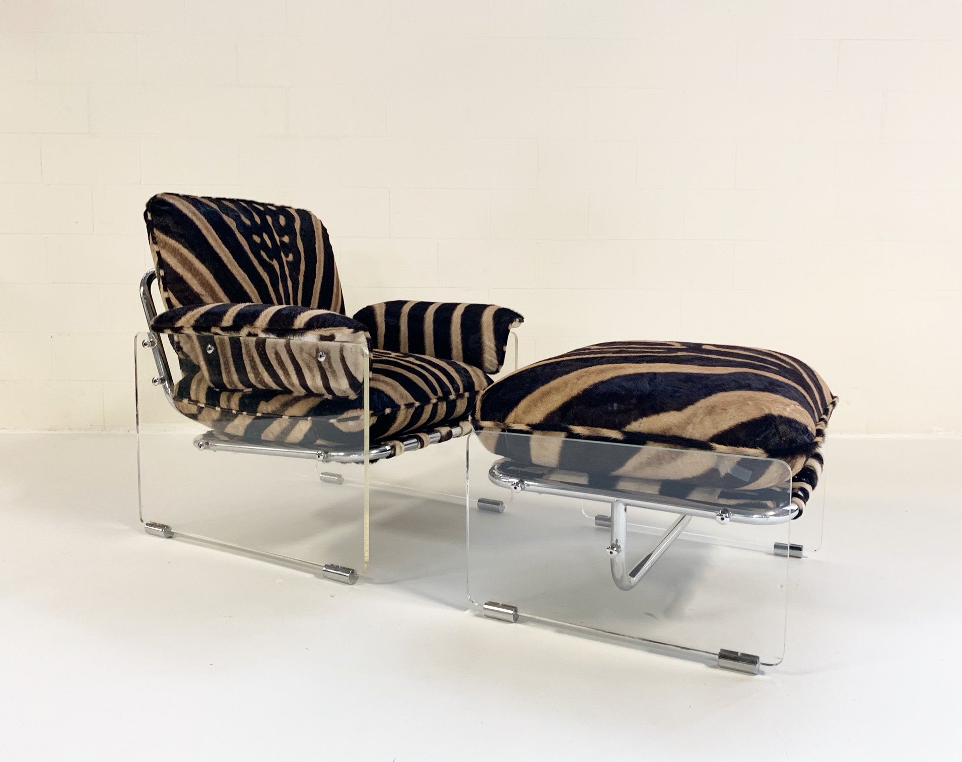 Pace Collection Argenta Lucite and Chrome Lounge Chair and Ottoman in Zebra Hide