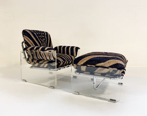 Pace Collection Argenta Lucite and Chrome Lounge Chair and Ottoman in Zebra Hide