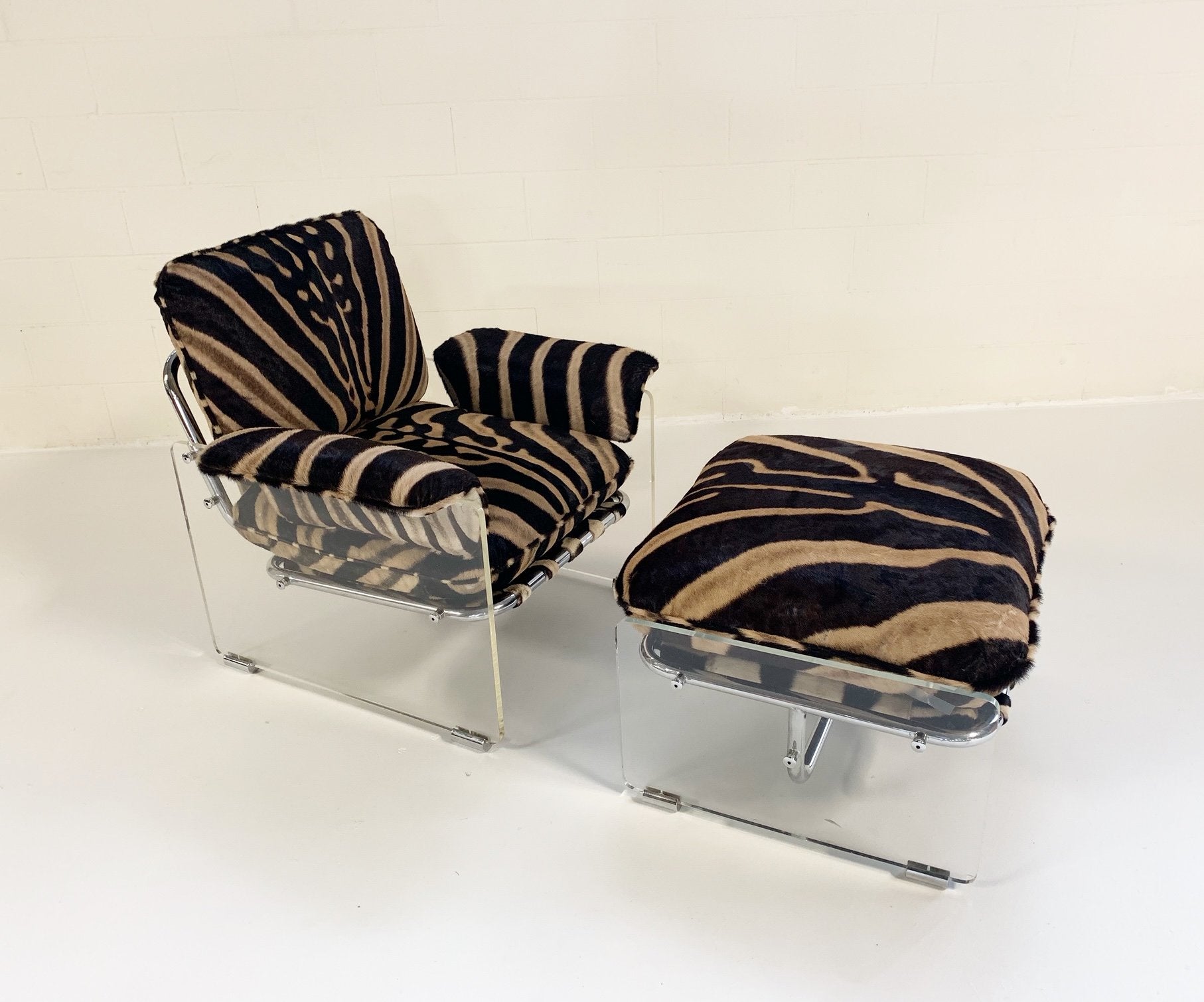 Pace Collection Argenta Lucite and Chrome Lounge Chair and Ottoman in Zebra Hide