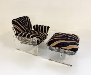Pace Collection Argenta Lucite and Chrome Lounge Chair and Ottoman in Zebra Hide