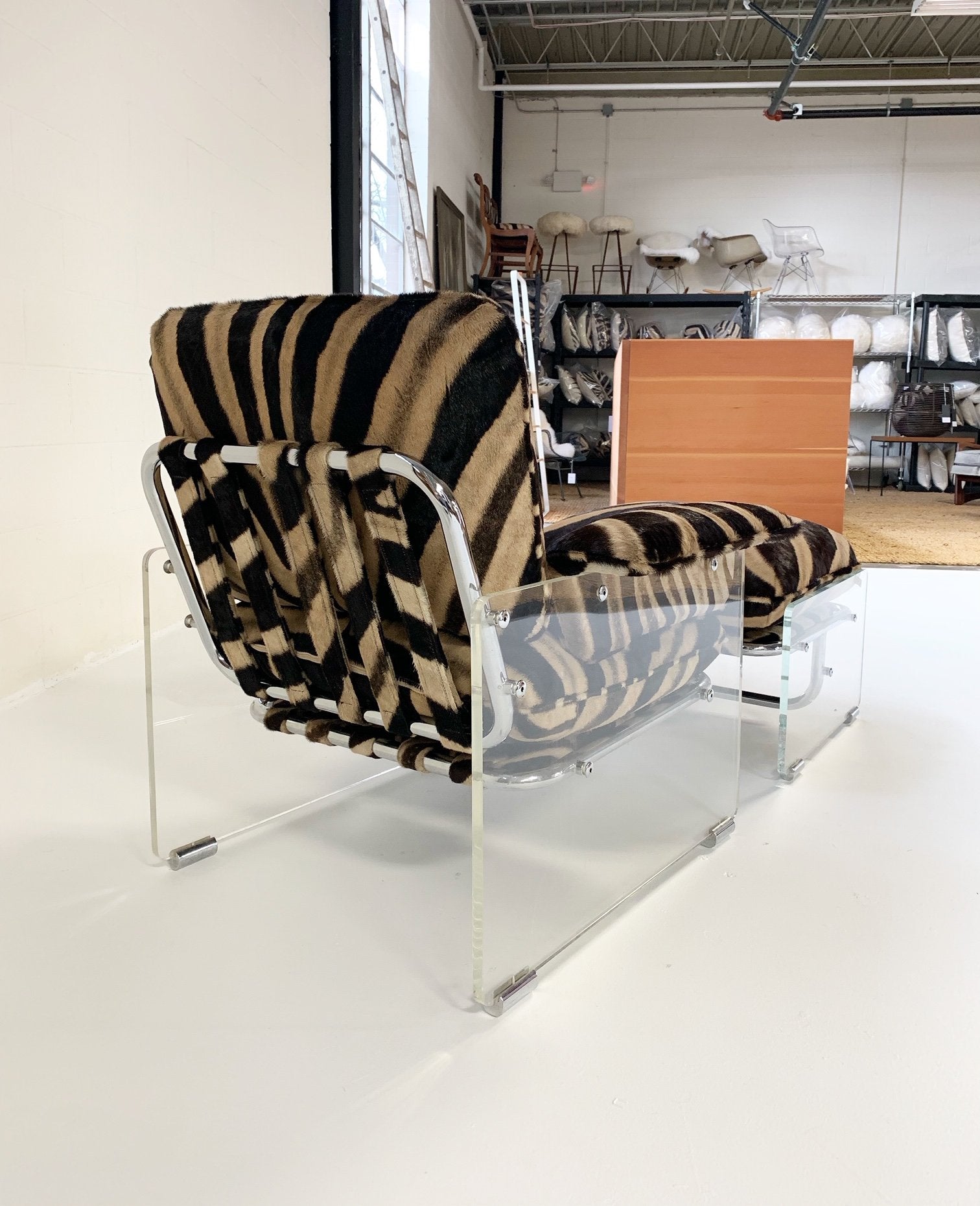Pace Collection Argenta Lucite and Chrome Lounge Chair and Ottoman in Zebra Hide