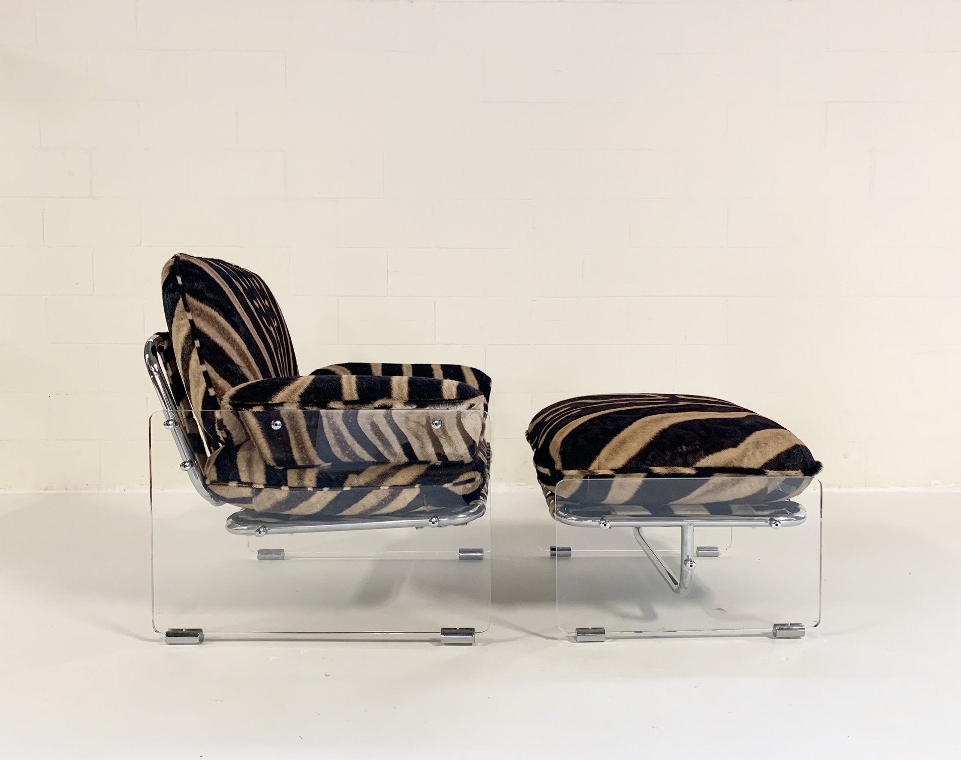 Pace Collection Argenta Lucite and Chrome Lounge Chair and Ottoman in Zebra Hide