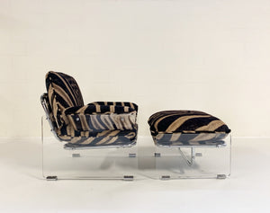 Pace Collection Argenta Lucite and Chrome Lounge Chair and Ottoman in Zebra Hide