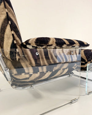 Pace Collection Argenta Lucite and Chrome Lounge Chair and Ottoman in Zebra Hide