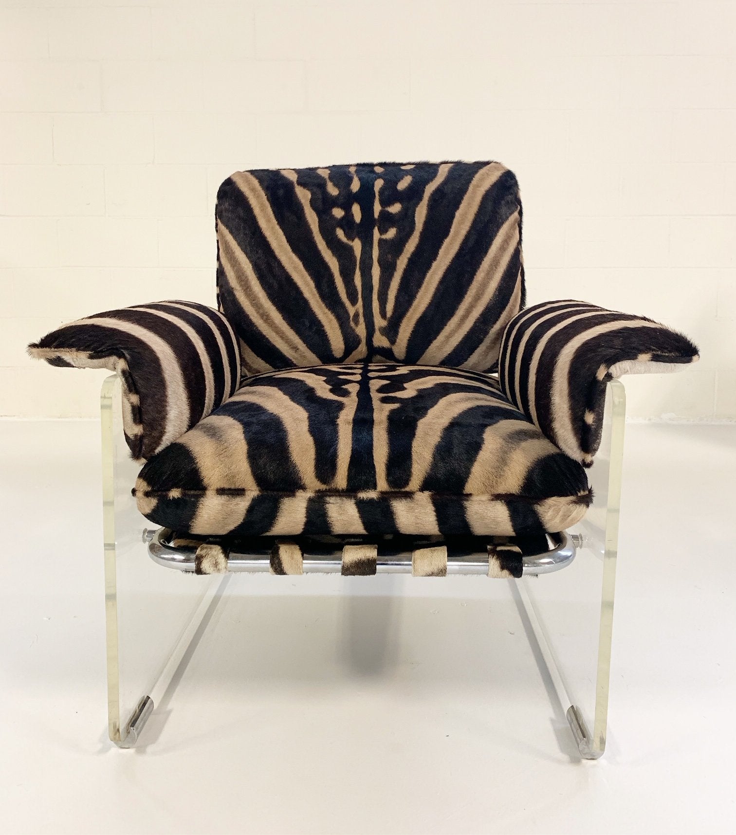 Pace Collection Argenta Lucite and Chrome Lounge Chair and Ottoman in Zebra Hide