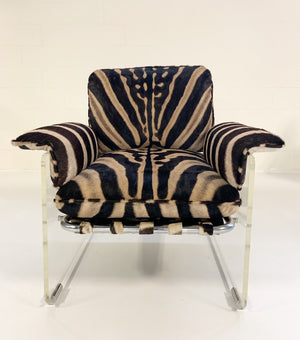 Pace Collection Argenta Lucite and Chrome Lounge Chair and Ottoman in Zebra Hide