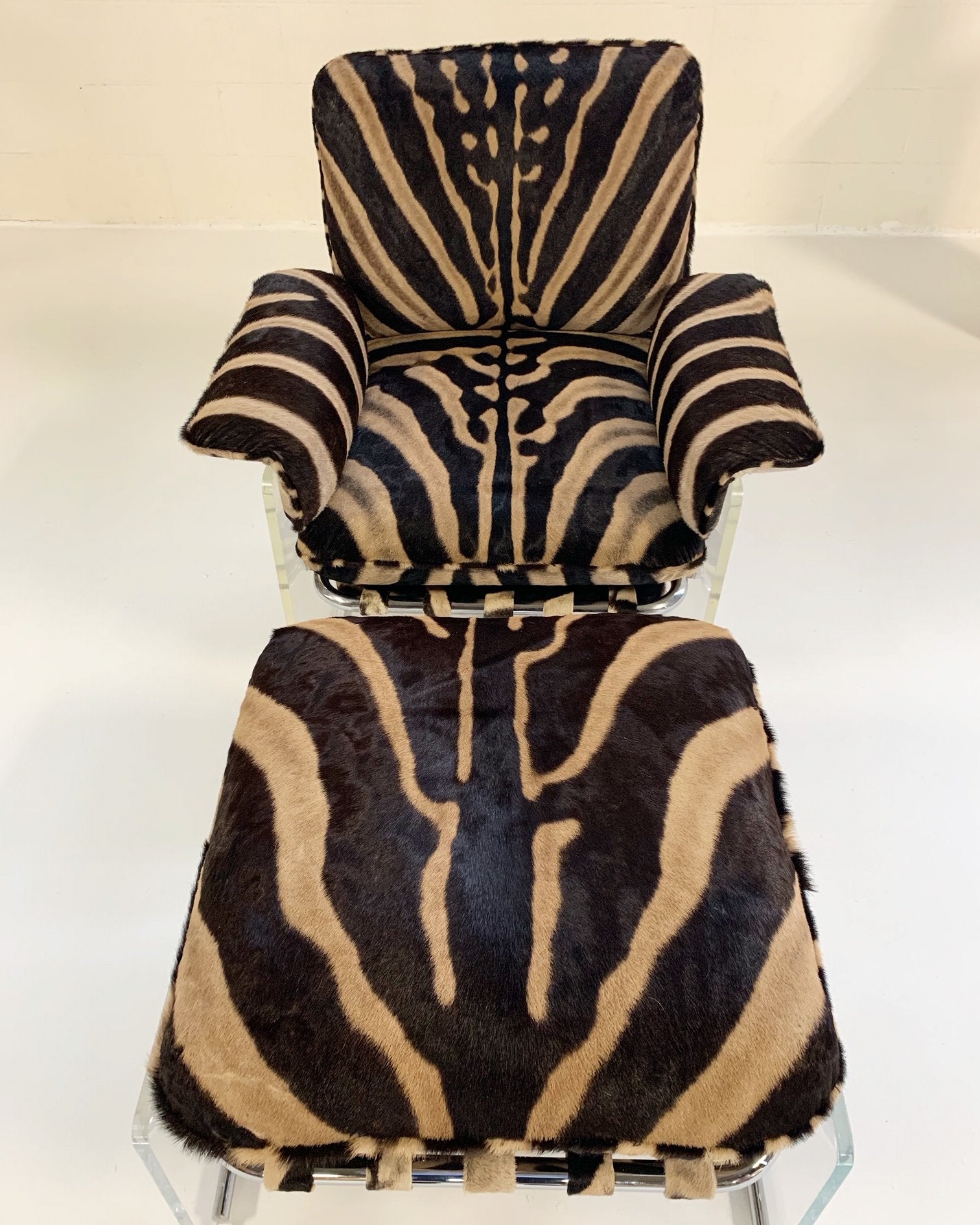 Pace Collection Argenta Lucite and Chrome Lounge Chair and Ottoman in Zebra Hide