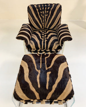 Pace Collection Argenta Lucite and Chrome Lounge Chair and Ottoman in Zebra Hide