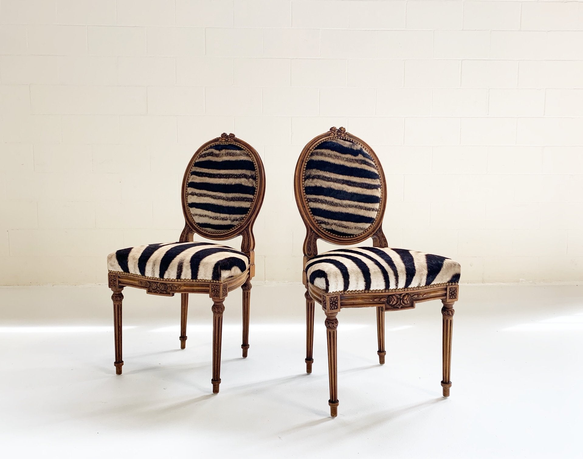 Louis XVI Style Side Chairs in Zebra Hide