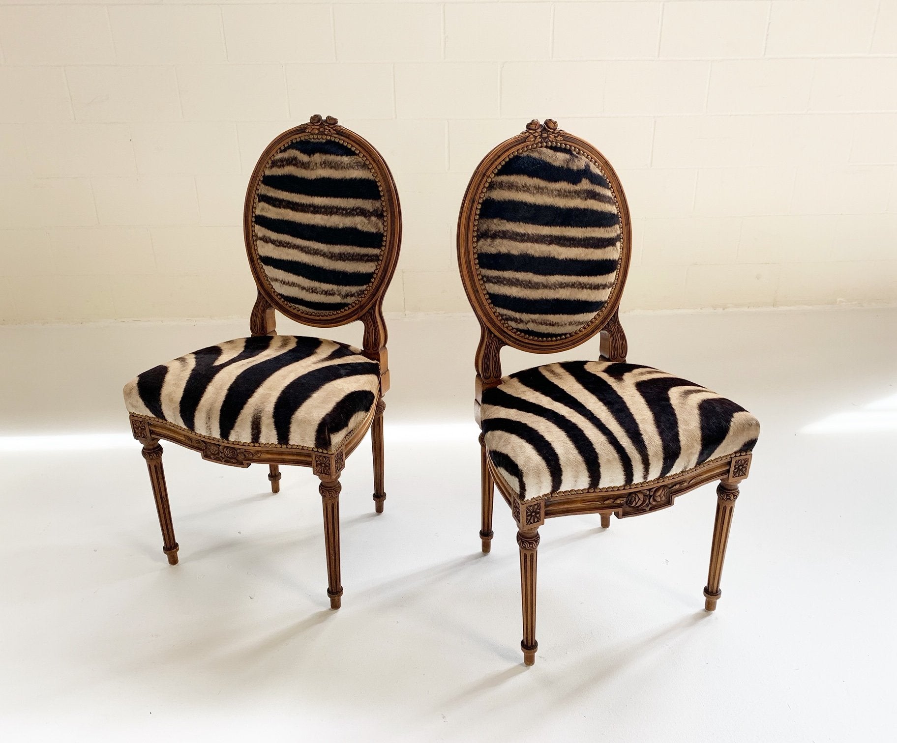 Louis XVI Style Side Chairs in Zebra Hide