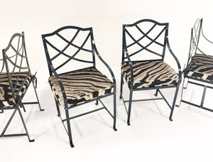 Iron Garden Dining Chairs Painted Farrow & Ball Blue Black with Zebra Hide Cushions - Set of 4