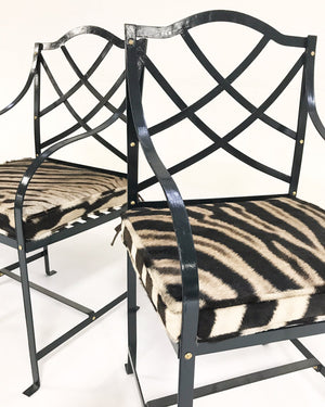 Iron Garden Dining Chairs Painted Farrow & Ball Blue Black with Zebra Hide Cushions - Set of 4