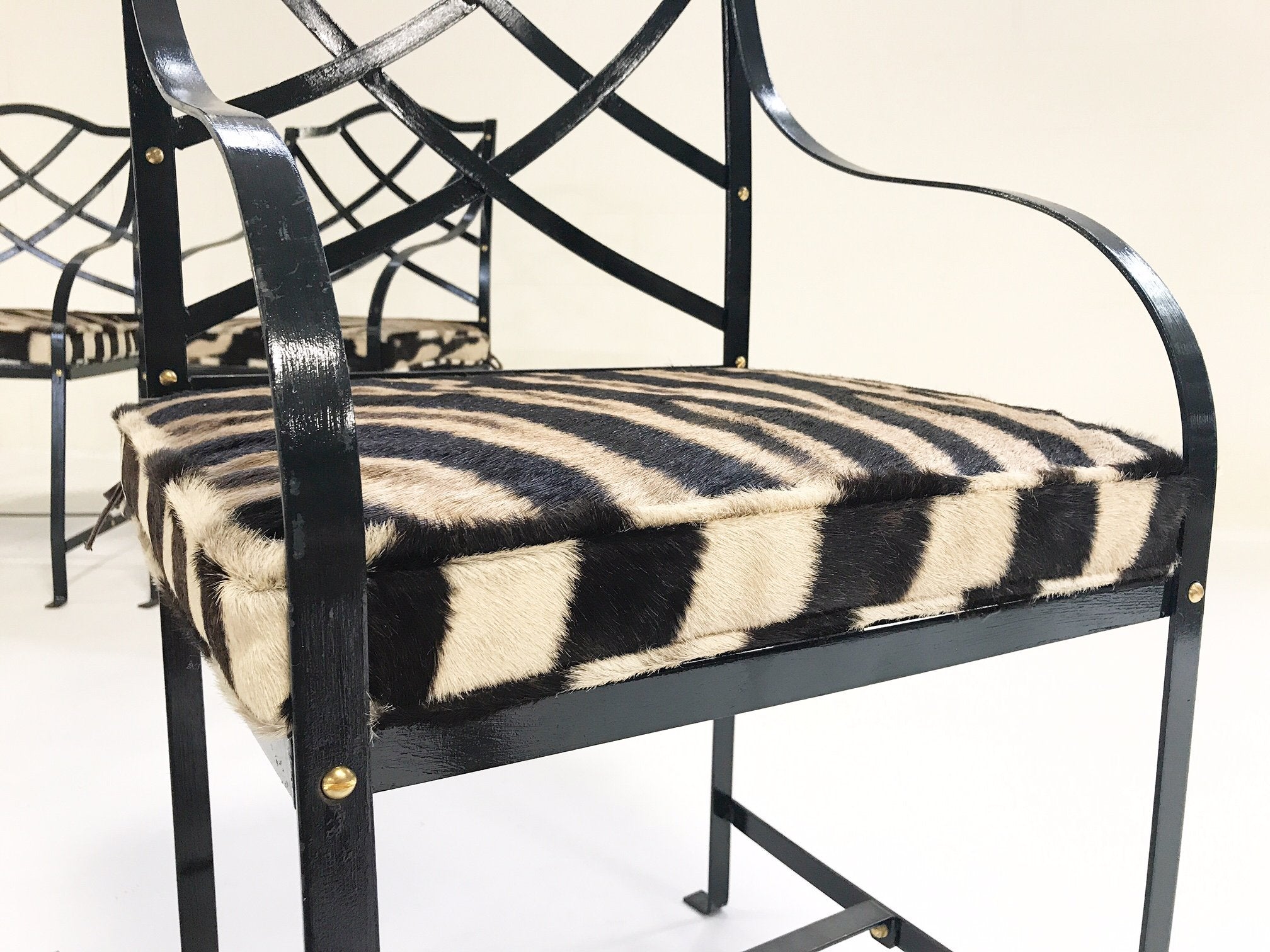 Iron Garden Dining Chairs Painted Farrow & Ball Blue Black with Zebra Hide Cushions - Set of 4