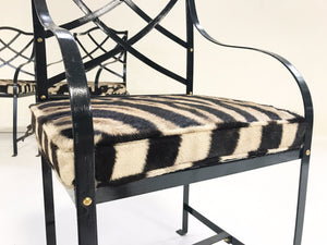 Iron Garden Dining Chairs Painted Farrow & Ball Blue Black with Zebra Hide Cushions - Set of 4