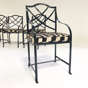 Iron Garden Dining Chairs Painted Farrow & Ball Blue Black with Zebra Hide Cushions - Set of 4