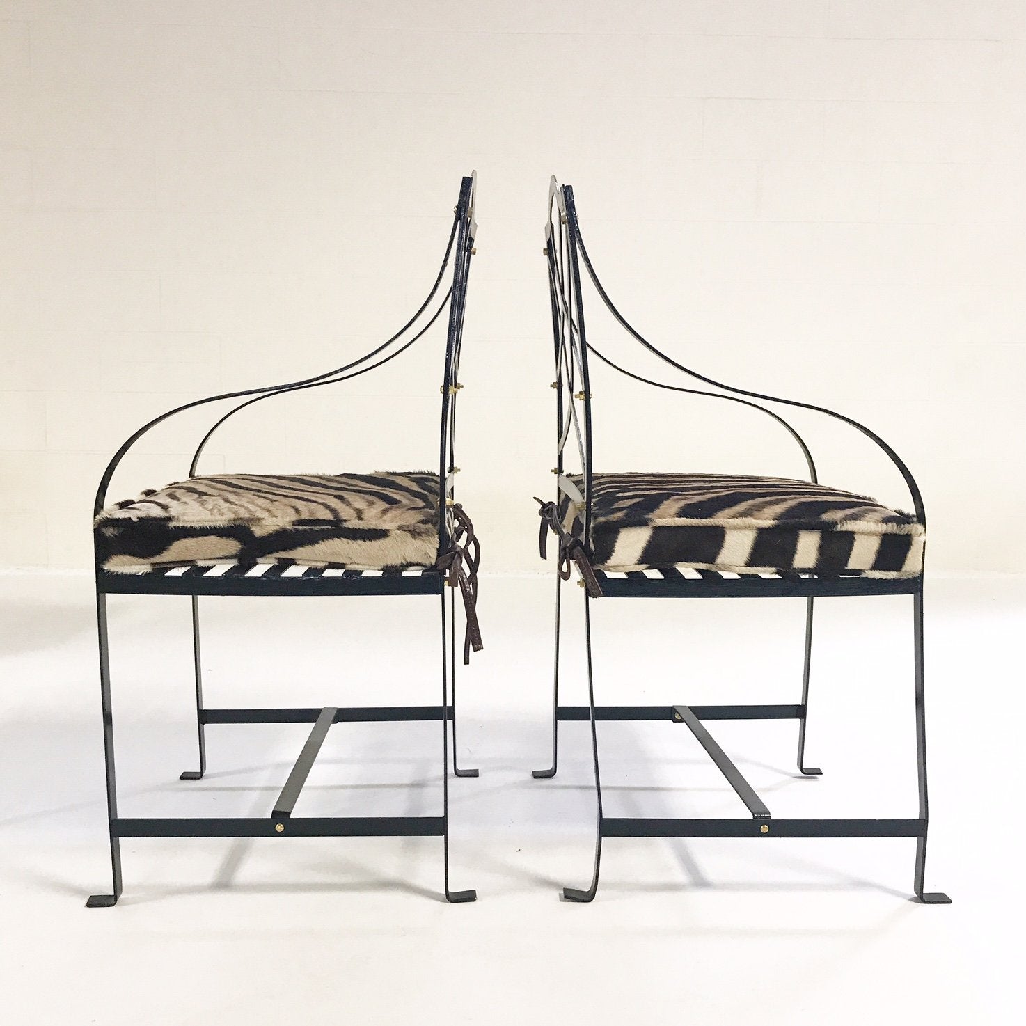 Iron Garden Dining Chairs Painted Farrow & Ball Blue Black with Zebra Hide Cushions - Set of 4
