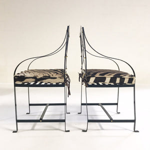 Iron Garden Dining Chairs Painted Farrow & Ball Blue Black with Zebra Hide Cushions - Set of 4