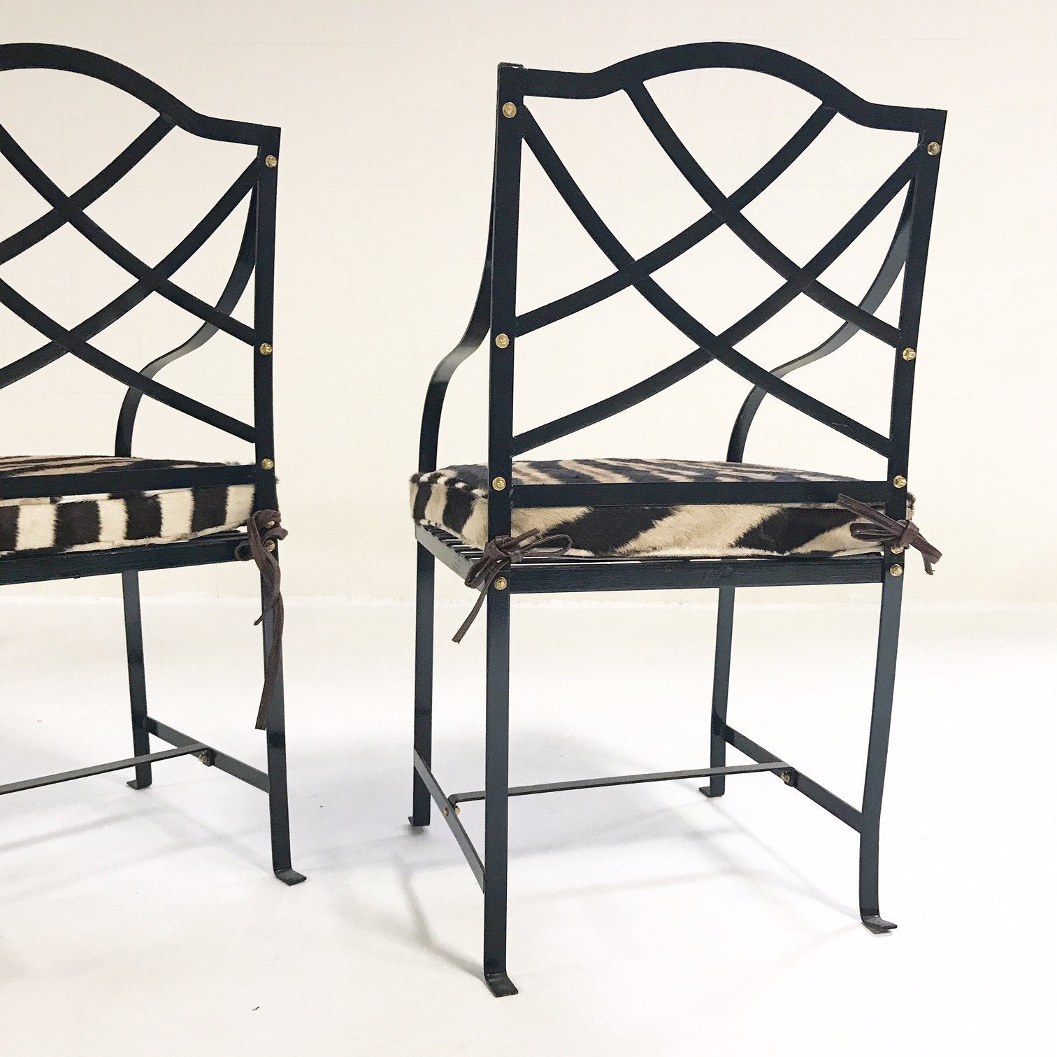 Iron Garden Dining Chairs Painted Farrow & Ball Blue Black with Zebra Hide Cushions - Set of 4