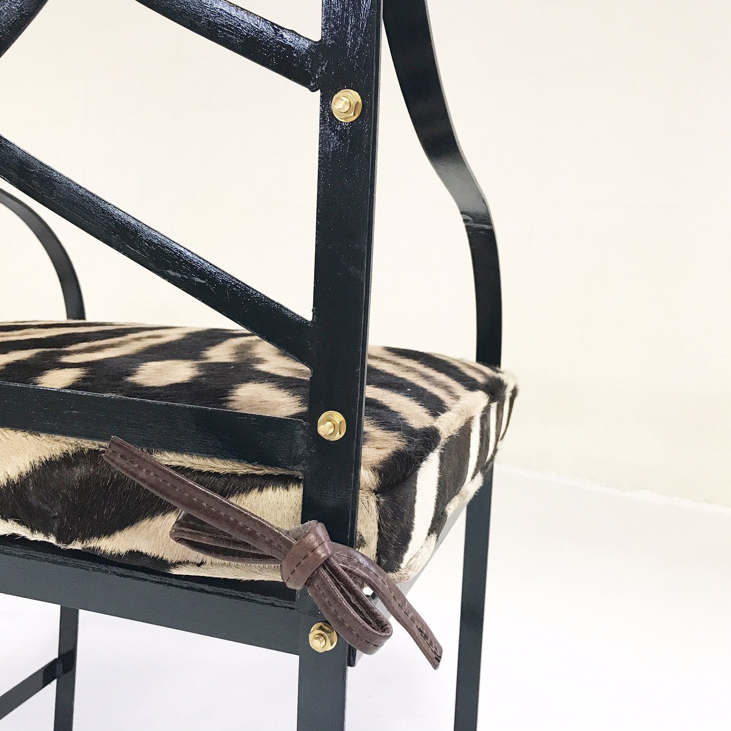Iron Garden Dining Chairs Painted Farrow & Ball Blue Black with Zebra Hide Cushions - Set of 4