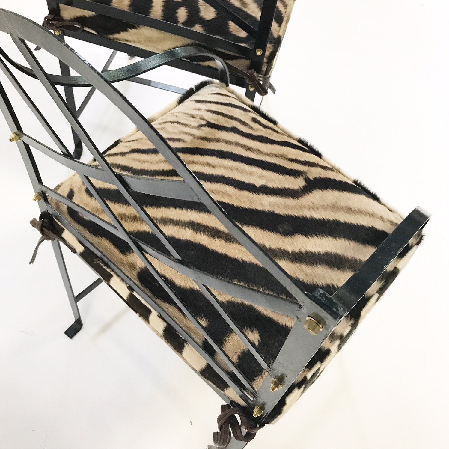 Iron Garden Dining Chairs Painted Farrow & Ball Blue Black with Zebra Hide Cushions - Set of 4