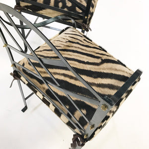 Iron Garden Dining Chairs Painted Farrow & Ball Blue Black with Zebra Hide Cushions - Set of 4