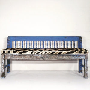 VINTAGE BLUE FARMHOUSE BENCH WITH ZEBRA HIDE CUSHION