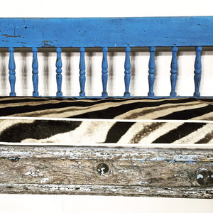 VINTAGE BLUE FARMHOUSE BENCH WITH ZEBRA HIDE CUSHION
