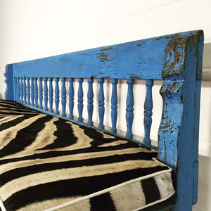 VINTAGE BLUE FARMHOUSE BENCH WITH ZEBRA HIDE CUSHION