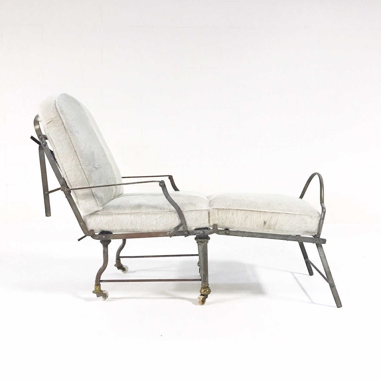 Antique French Metal Campaign Chaise Chair with Brazilian Cowhide Cushions